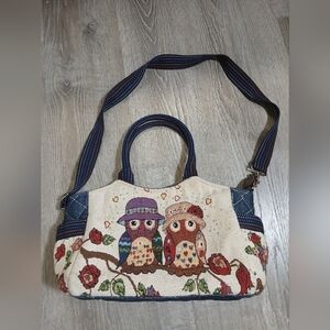 Owl Patterned Cream and Blue Women's Bag With Strap and Hadles.
